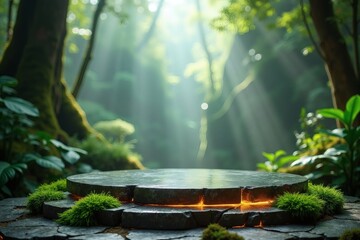 Serene forest backdrop featuring an illuminated stone podium stage perfect for product mockup display with lush greenery and sunlit background
