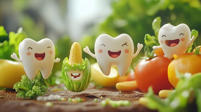 Healthy teeth and a variety of fresh produce.