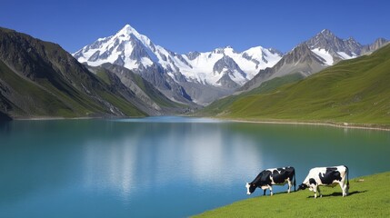 A serene landscape showcasing snow-capped mountains beside a tranquil lake, with cows grazing on lush green grass, Ideal for nature, agriculture, and outdoor lifestyle-themed content,