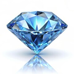Brilliant cut blue diamond illustration isolated on white background with reflection and shadow