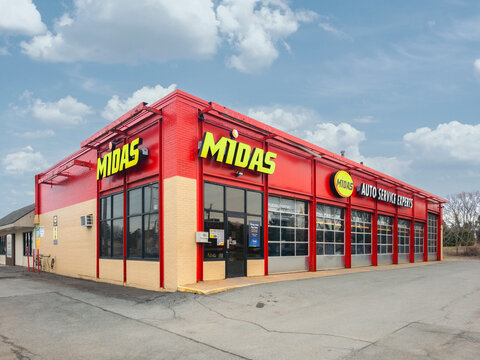 Yorkville, NY - Mar 16, 2024: Midas is a US chain of auto service centers, specializes in brakes, tires, oil changes, was founded by Nate Sherman in 1956 in Macon, Georgia, as a muffler repair shop