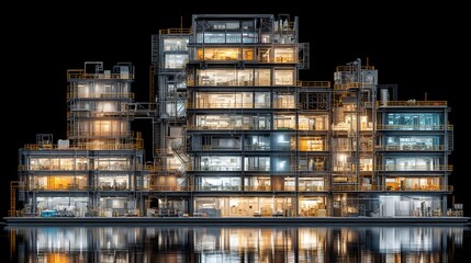 Modern Industrial Building Reflection at Night with Illuminated Windows and Urban Aesthetic Design