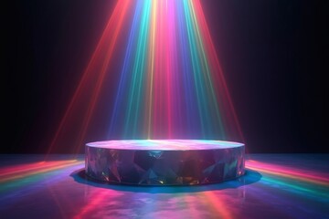 Vibrant colorful light beams illuminate a geometric podium stage for product mockup display with neon and futuristic vibes