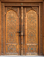 A close-up of ornate Uzbek doors carved with floral and geometric designs in Bukhara.