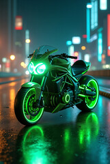 Cyberpunk style green-lit motorcycle in futuristic city at night (Generative AI)