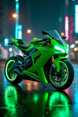 Futuristic neon green motorcycle on wet city street at night (Generative AI)