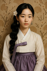 Minimalist Traditional Hanbok Portrait with Neutral Floral Wallpaper (Generative AI)