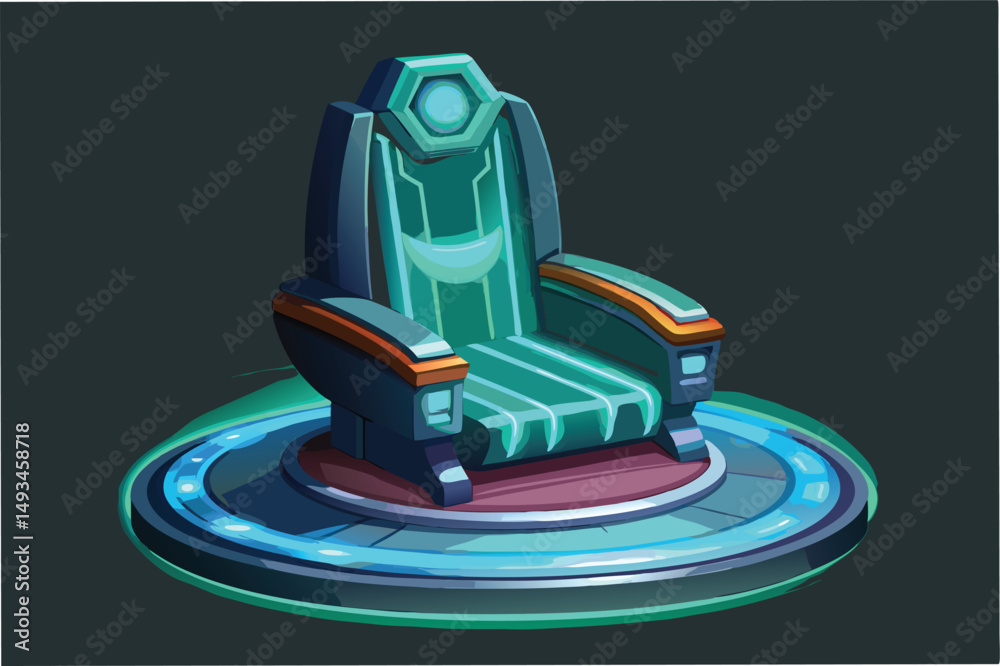 Poster futuristic vector illustration of a glowing chair with teal accents and a sleek design on a circular