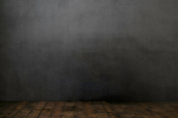 A professional studio backdrop featuring a dark, textured grey wall and rustic wooden flooring. The minimalistic setting offers a neutral and versatile environment ideal for portrait photography.