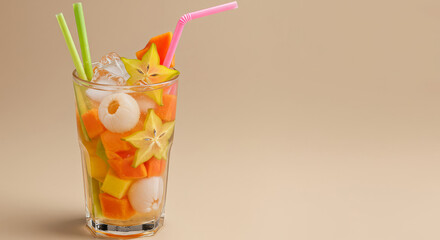 Colorful tropical fruit cocktail in glass with exotic fruits. Neutral background with copy space for design use.