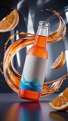 mockup design of orange drink in a bottle with orange slices on the side