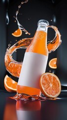 mockup design of orange drink in a bottle with orange slices on the side