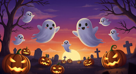 Cute Halloween Ghosts Flying Over Pumpkins Graveyard Spooky Night Cartoon Illustration