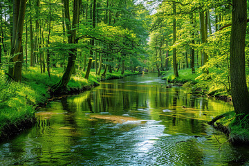 Fototapeta premium a river running through a lush green forest