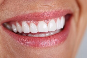 Fototapeta premium Close-up of Woman's Smiling Mouth Revealing Healthy White Teeth with Subtle Pink Lipstick for Dental Health and Beauty