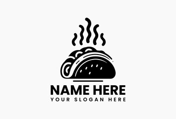 Clean line drawing of traditional taco with assorted fillings in black and white vector format. Mexican culinary logo  