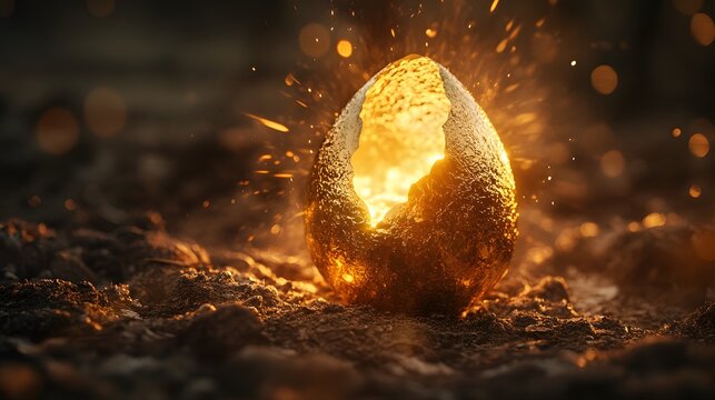 Golden egg bursts forth in dramatic, fiery spectacle.