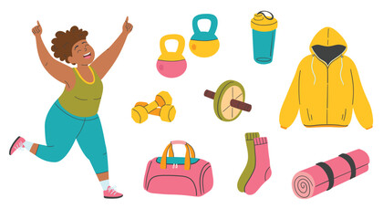Cartoon fitness equipment and sport woman. Sport bag, yoga mat, jump rope, dumbbells, ab roller. Healthy lifestyle. Hand drawn vector illustration isolated 