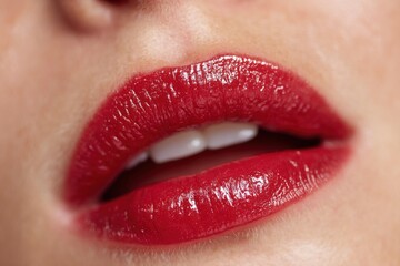 Fototapeta premium Close-up of a woman's lips with vibrant red lipstick, showing detail and texture, perfect for beauty and glamour product promotions.