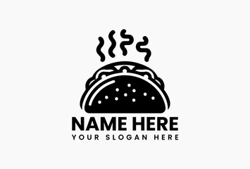 Clean line drawing of traditional taco with assorted fillings in black and white vector format. Mexican culinary logo  
