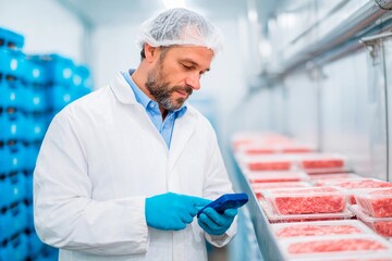 A professional in protective clothing uses a mobile device to assess meat inventory in a refrigerated storage area filled with neatly arranged packages. The setting is well-lit and organized