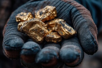 Closeup of hands wearing gloves holding multiple heavy gold nuggets, potentially valuable mineral specimen