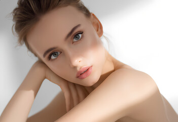 An ethereal close-up of a young woman, white background, skin care concept