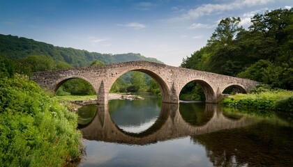 Fototapeta premium a stone bridge arcs gracefully over a serene river surrounded by lush greenery and distant hills