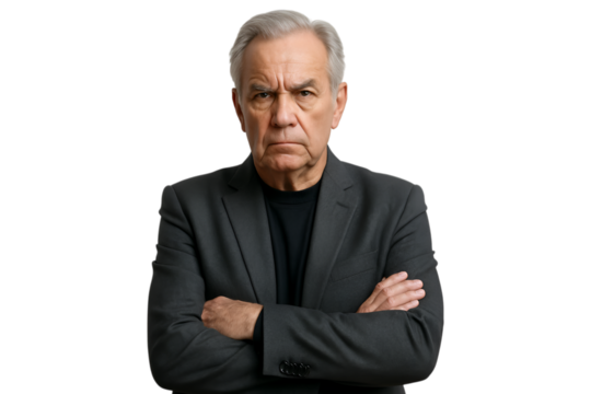 Stern Senior Man in Gray Suit with Folded Arms on Black