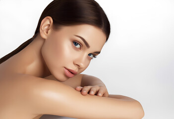 An ethereal close-up of a young woman, white background, skin care concept