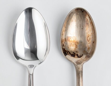 Silver Spoons Before & After: A close-up of two silver spoons, side-by-side, revealing the transformative power of cleaning. The left spoon gleams, polished to perfection.