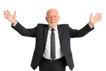 Smiling senior man in suit with open arms on transparent background