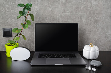 Set of office supplies and laptop with blank screen. Template for branding design.