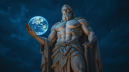 Obraz premium a photo of a huge great statue of the greek god titan atlas holding planet earth in his hands. atlas is beautiful handsome man with a athletic muscular body. dark sky in the background.