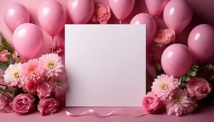 blank white card birthday invite mockup pink balloons and flowers
