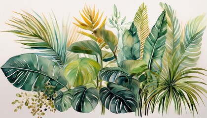 Obraz premium a compilation of contemporary hand drawn tropical plant visuals in a minimalist aesthetic highlighting watercolor depictions of bushes and shrubs for architectural and landscape designs