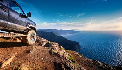 cinematic view of off road truck on cliff edge