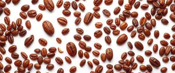 Seamless pattern of brown coffee bean silhouettes on white background,  graphic,  light roast