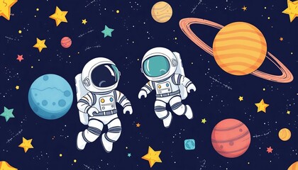 Seamless kids' drawing of astronauts in space, stars, planets,  playful,  nebula