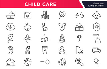 Child care line icon set. Babies, motherhood, kids, family, baby, pregnancy, prenatal care, support, safety, International Children Day, awareness, and parenthood outline vector thin icon pack