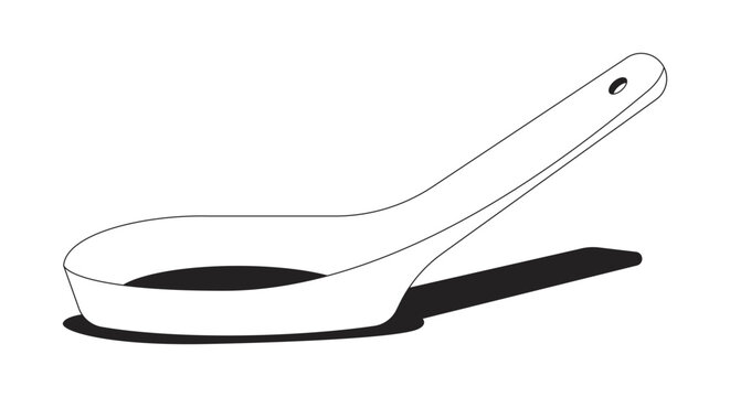 Empty white ceramic soup spoon 2D line object. Asian utensil kitchen tool. Cooking equipment. Oriental tablespoon kitchenware isolated clipart vector ink outline item. Monochrome spot illustration