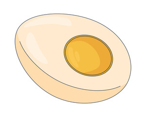 Boiled egg half 2D cartoon object. Protein food slice. Breakfast cooking ingredient. Hardboiled yolk center. Halved cooked egg isolated element flat vector clip art on white. Spot illustration