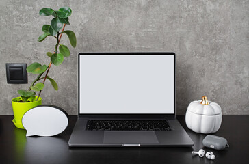 Laptop with blank screen with supplies and gadgets. Responsive design template.