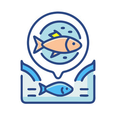 Stylized fish icon in contrasting environments against black backdrop