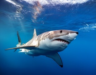 Naklejka premium close up of a great white shark swimming underwater in clear blue ocean with a focus on the shark s face and sharp teeth