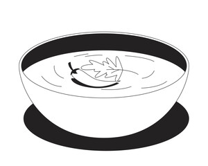 Spicy yogurt dip with chili garnish 2D line object. Seasoned creamy bowl with coriander leaf. Tangy flavor. Appetizer dish isolated clipart vector ink outline item. Monochrome spot illustration