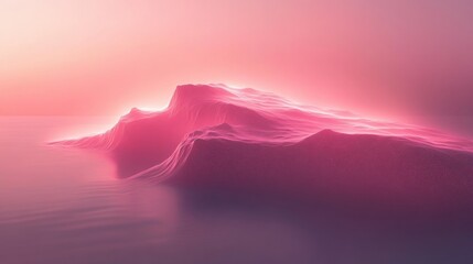 A surreal landscape with a mountainous formation bathed in a pinkish hue, surrounded by a misty atmosphere