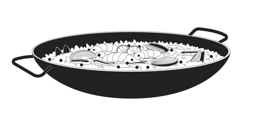 Traditional paella with seafood and peas 2D line object. Saffron rice with shrimp, mussels, squid rings in pot. Spanish dish isolated clipart vector ink outline item. Monochrome spot illustration