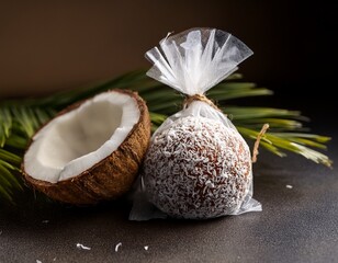 coconut packaging eco friendly concept eco friendly coconut candy wrapped in biodegradable material on a dark background