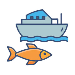 Cartoon boat sailing with fish in black background